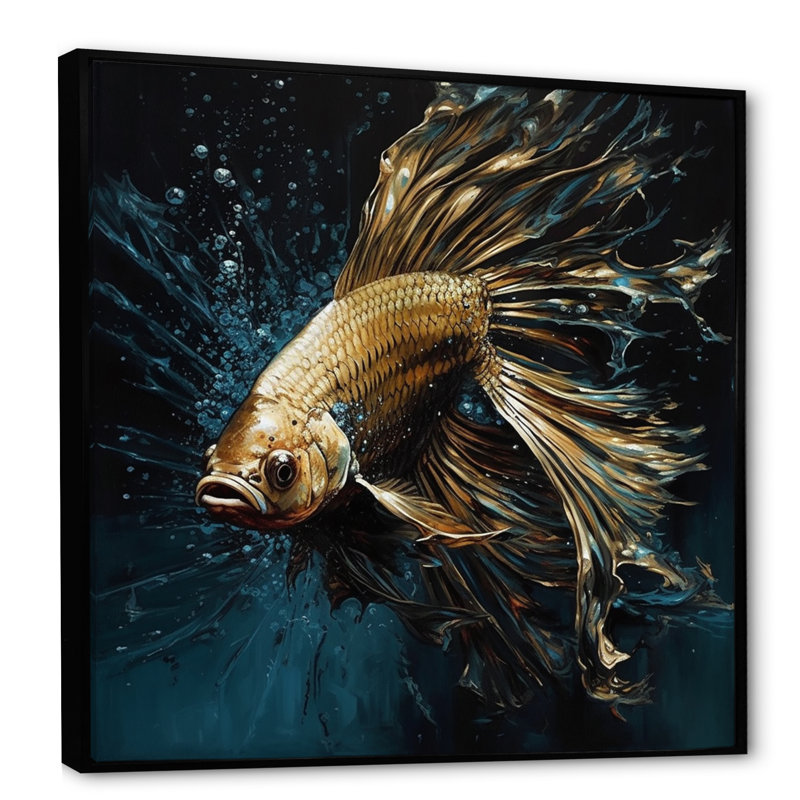 «Gold Fish in the Ocean II - Animal Fish», reproduction d'art, H 36 po x l 36 po x P 1,5 po, Cadre flottant noir