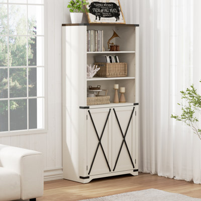 Bibliothèque à 5 niveaux avec armoire, présentoir rustique blanc antique avec tablettes réglables, armoire de rangement pour bureau personnel, cuisine, salle de bain, salon