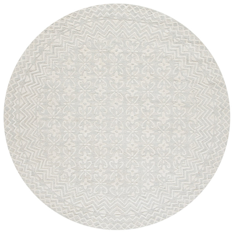Tapis gris / ivoire en laine touffeté à la main à motif géométrique Jahiem, Rond 8 pi