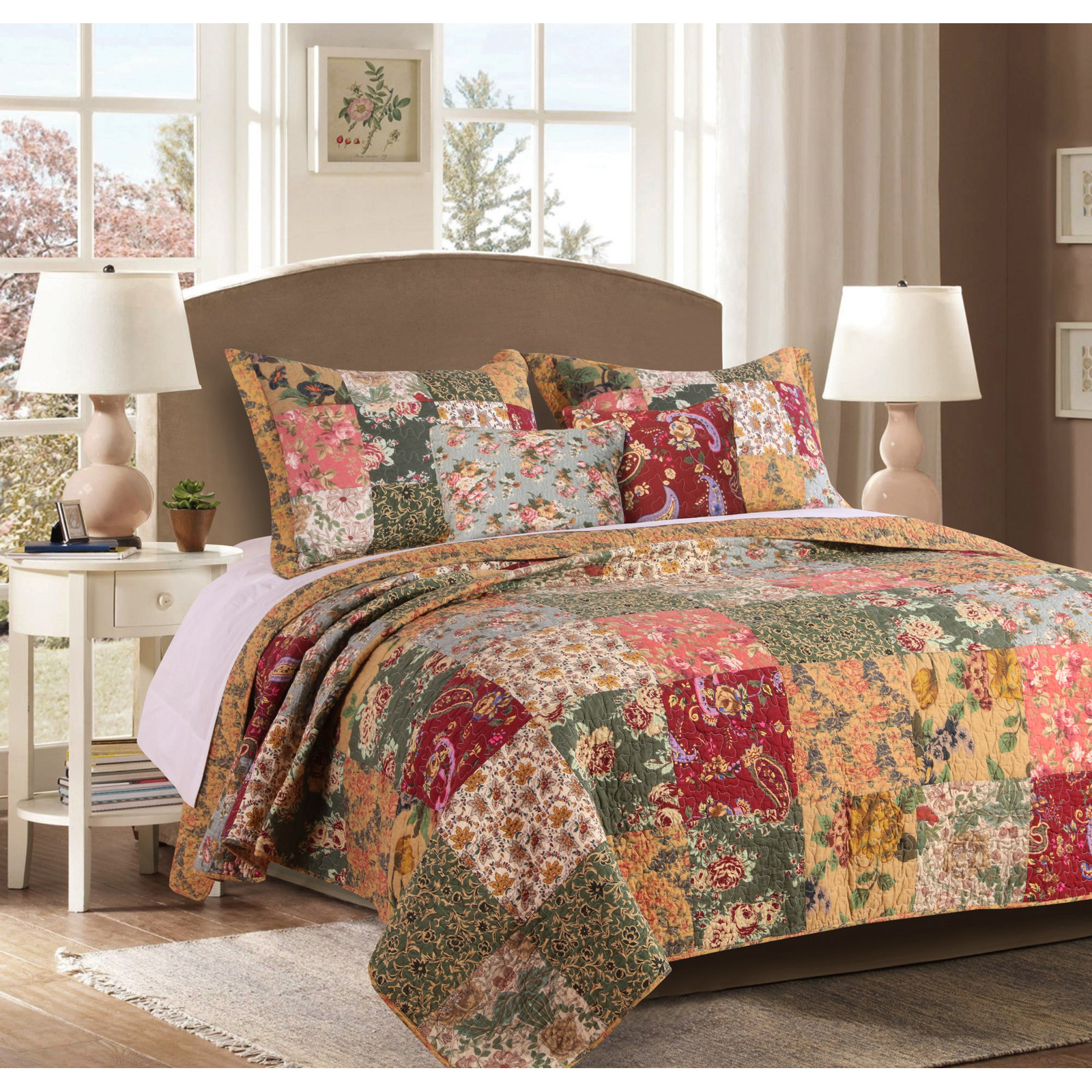 Antique Cotton Bedspread Set, Full/Queen Quilt + 2 Shams + 2 Throw Pillows