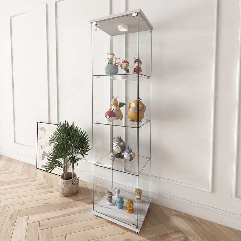 Modern Glass Display Cabinet with LED Lights, Quick-Assembly, Tempered Glass, 1-Door 4-Shelf, White