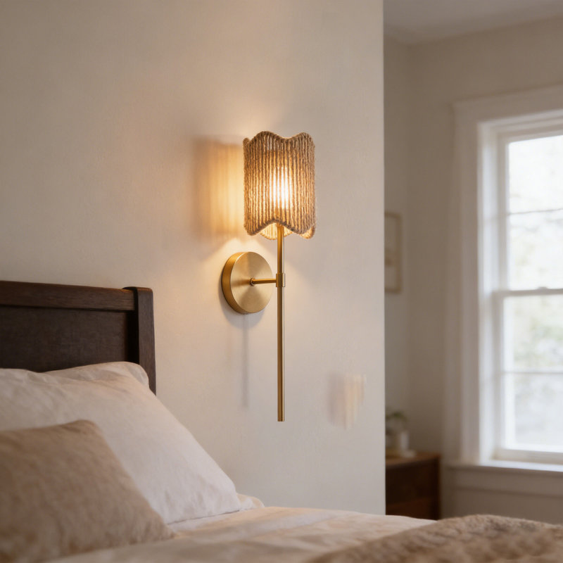 Boho Jute Rope Cylinder Wall Sconce with Brass Finish  Scalloped Edge Rustic Wall Lighting