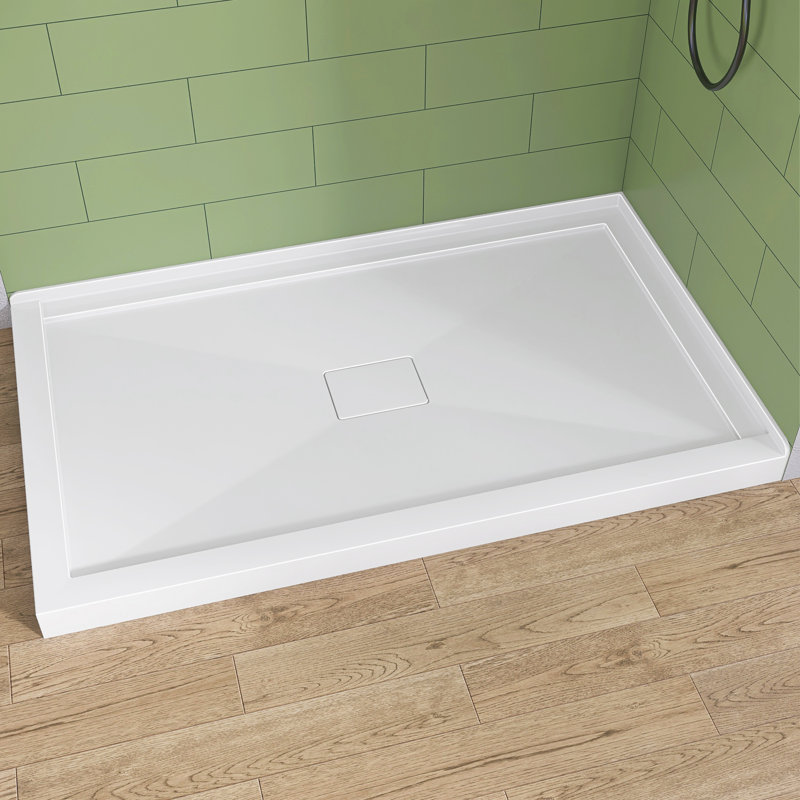 60" X 36" Double Threshold Shower Pan Base In White With Center Drain Assembly & Drain Cover Included
