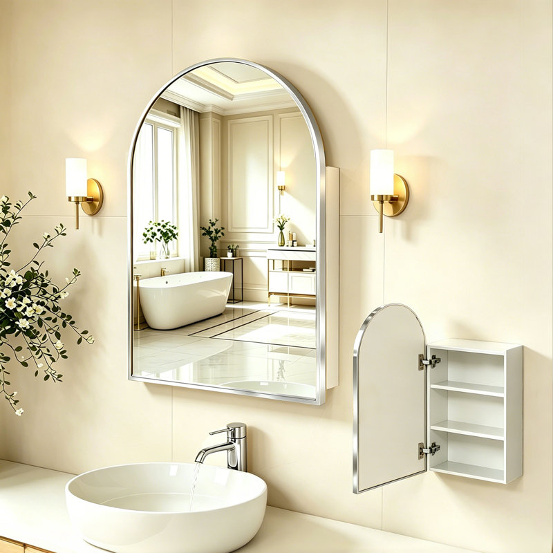 Tabbatha Accent Medicine Cabinet with Mirror Aluminum Alloy Brushed Frame Mirror, Silver, 30" H x 20" W x 4.6" D