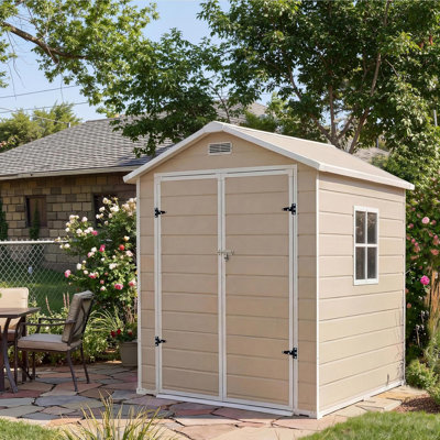 6x4 FT Resin Storage Shed with Floor, Lockable Door & Window, Sloping Roof, Plastic Garden Shed for Backyard