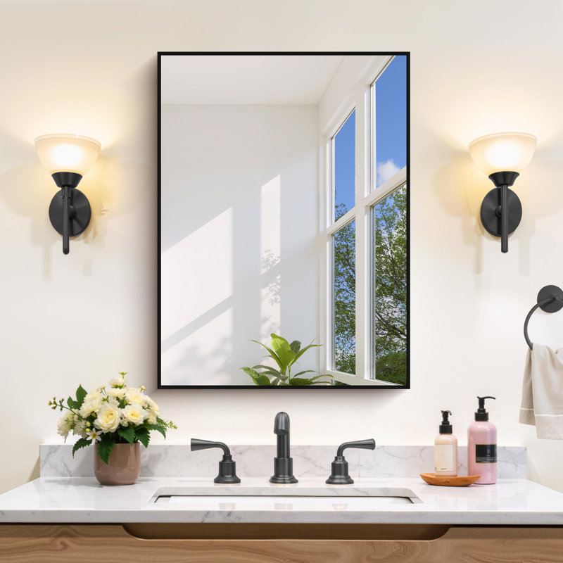 Ebern Designs Black Bathroom Mirror for Wall, 18x24 Inch Rectangle with Metal Frame, Modern Vanity for Bathroom Living Room, Entryway Hangs Horizontal or Vertical