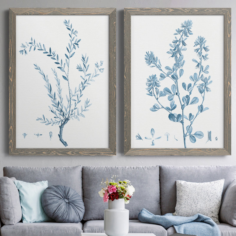 "Antique Botanical In Blue VII", ensemble de 2 peintures sur toile encadrées, Toile avec cadre gris