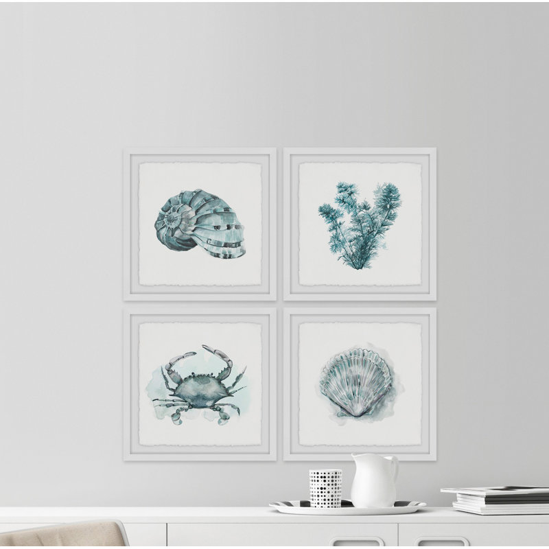 « sea life quadriptych », ensemble de 4 reproductions de peintures à l’aquarelle encadrées, H 32 po x l 32 po