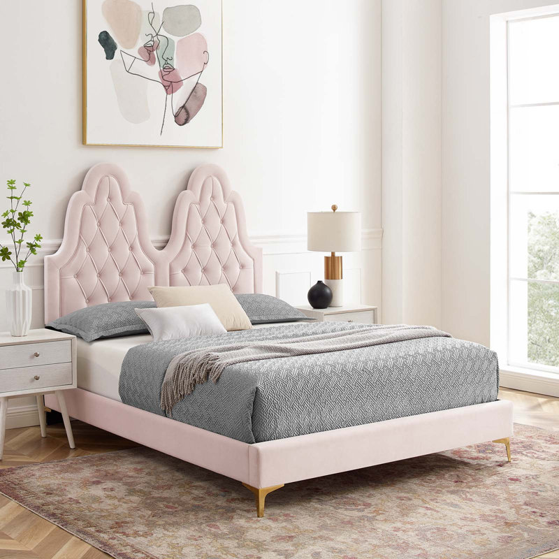 Lit plateforme en velours Alexandria, Simple, Rose