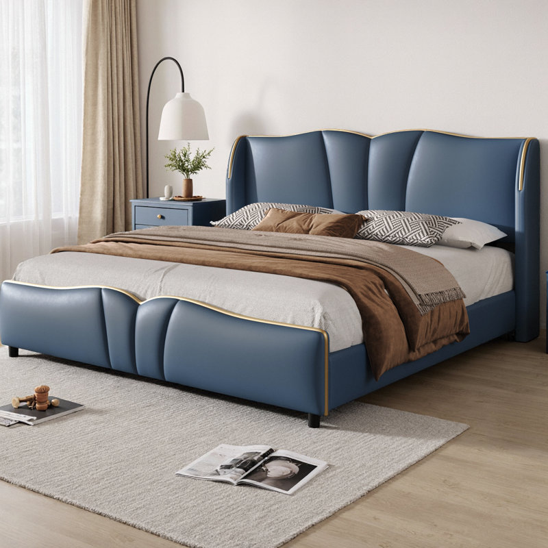 Base de lit tapissier en cuir grand format, tête de lit à oreilles moderne avec pied de lit ondulé, lit plateforme en similicuir avec lattes en bois massif, capacité de 800 lb