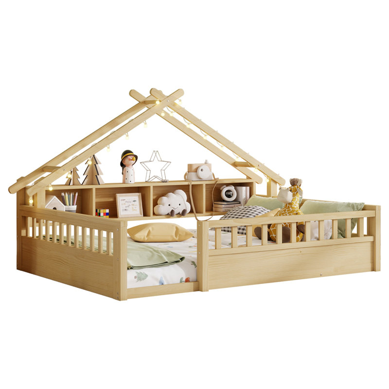 Lit en bois avec tablettes de rangement, Natural, Full