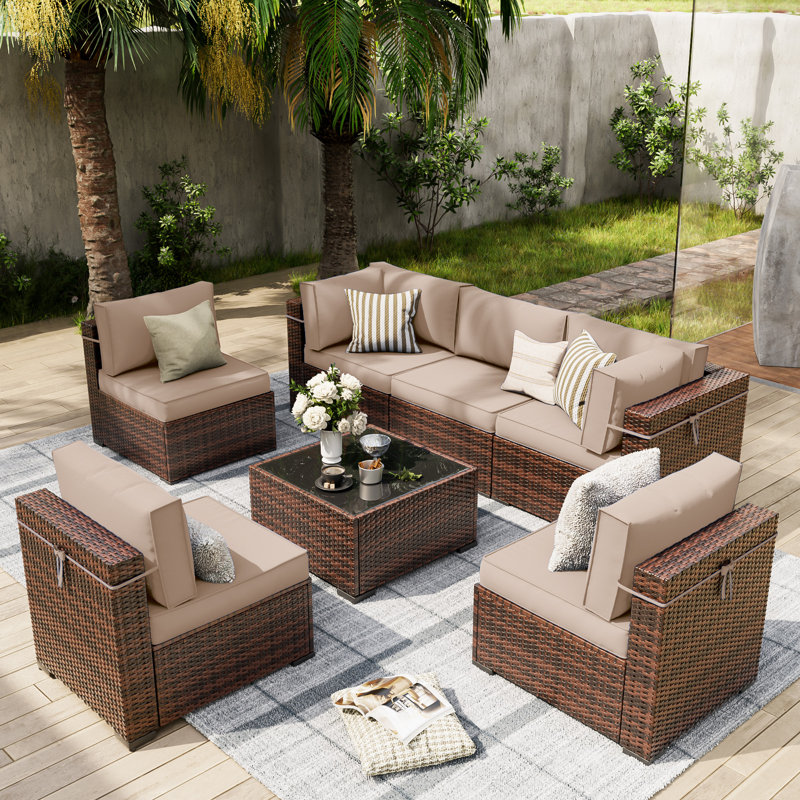 Wicker 6 - Person Modular Patio Conversation Set with Cushions, Khaki
