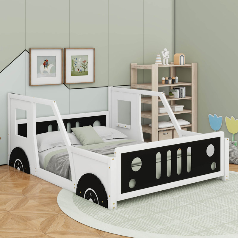 Lit plateforme double classique en forme de voiture avec roulettes, Blanc