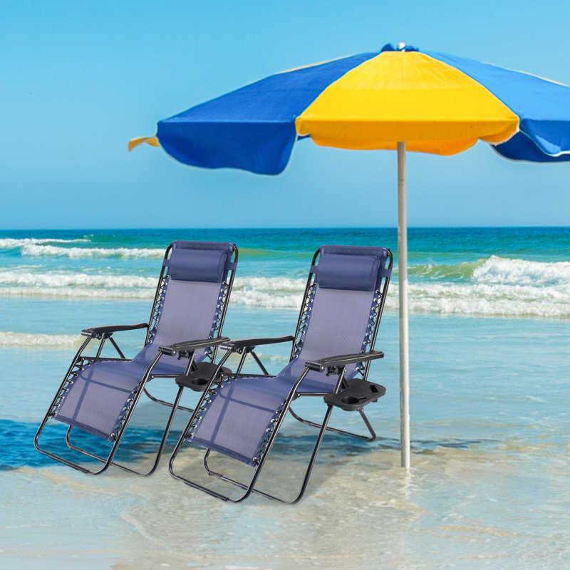 Set of 2 Outdoor Zero Gravity Chaise Lounge Chairs, Folding, Reclining Patio Seats with Cup Holder & Headrest, Blue