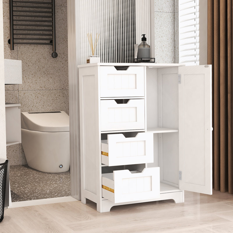 Armoire de rangement autoportante blanche avec tablettes réglables, 4 tiroirs et 1 porte