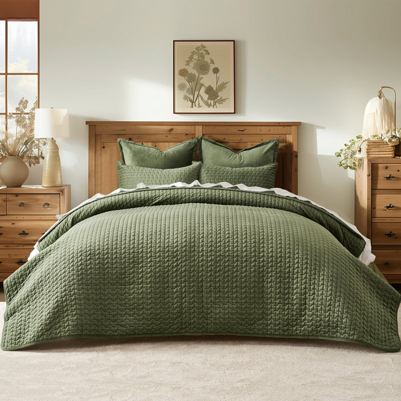 Cross-Stitch Velvet Quilt Set 3 Pieces, Queen, Loden Green