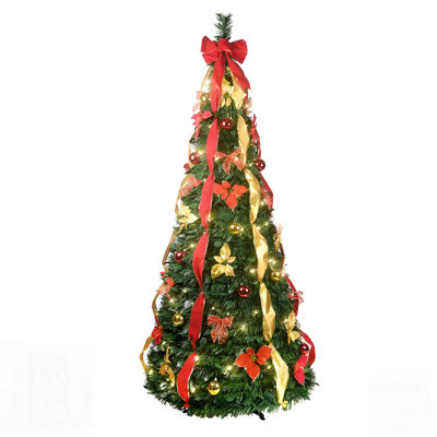 Pre-Decorated Pop-Up Christmas Tree With UL Lights, Red & Gold Ornaments, Flowers, Ribbons & Bows – Easy Assembly And Collapsible Design