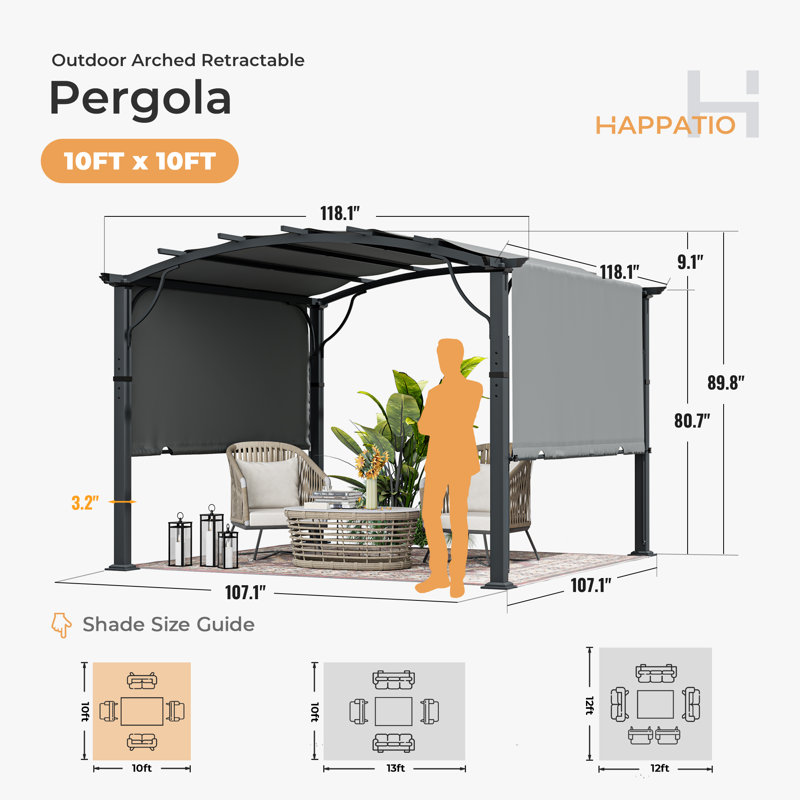 Pergola en aluminium avec auvent, H 89,80 po x l 118,10 po x P 118,10 po, Auvent gris / cadre gris
