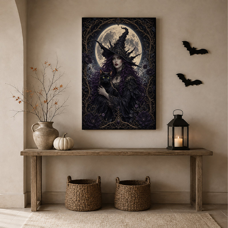 «Witch with Black Cat Under Full Moon In Dark», art mural sur toile, H 48 po x l 36 po