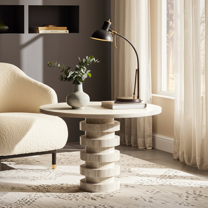 Table d'appoint décorative ronde en travertin avec base de piédestal sculpturale - Table de bout étroite parfaite pour le salon et le bureau - brun clair