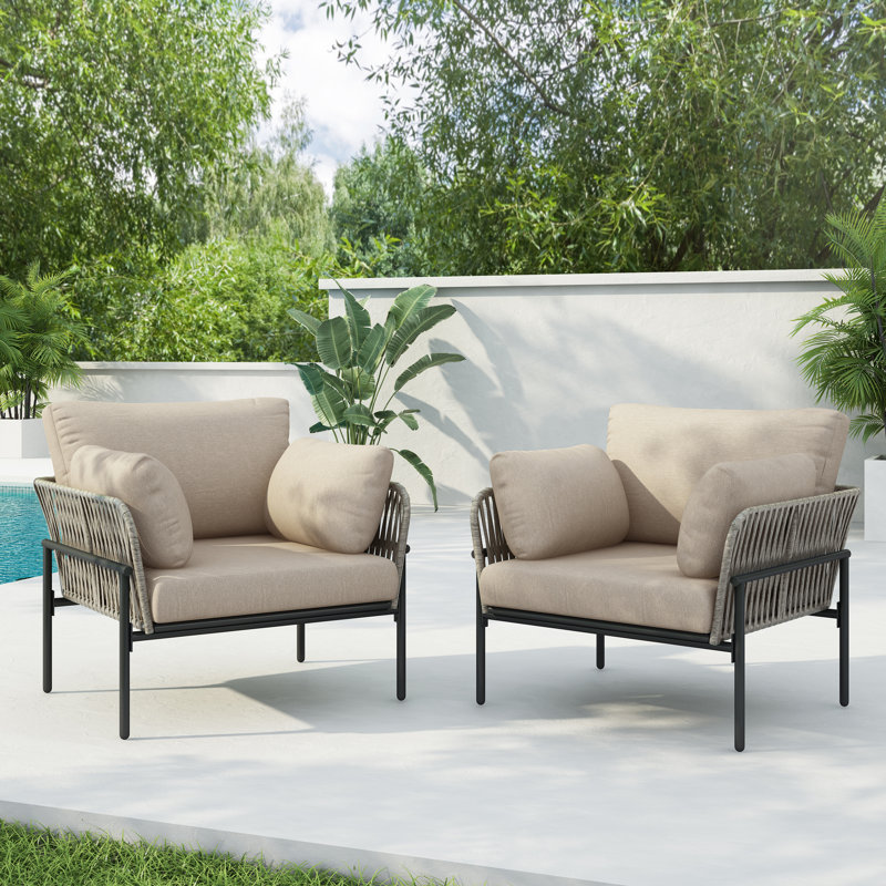 Ensemble de 2 méridiennes d'extérieur avec tissage en corde, structure en métal et coussins beiges, fauteuil de patio moderne beige et gris