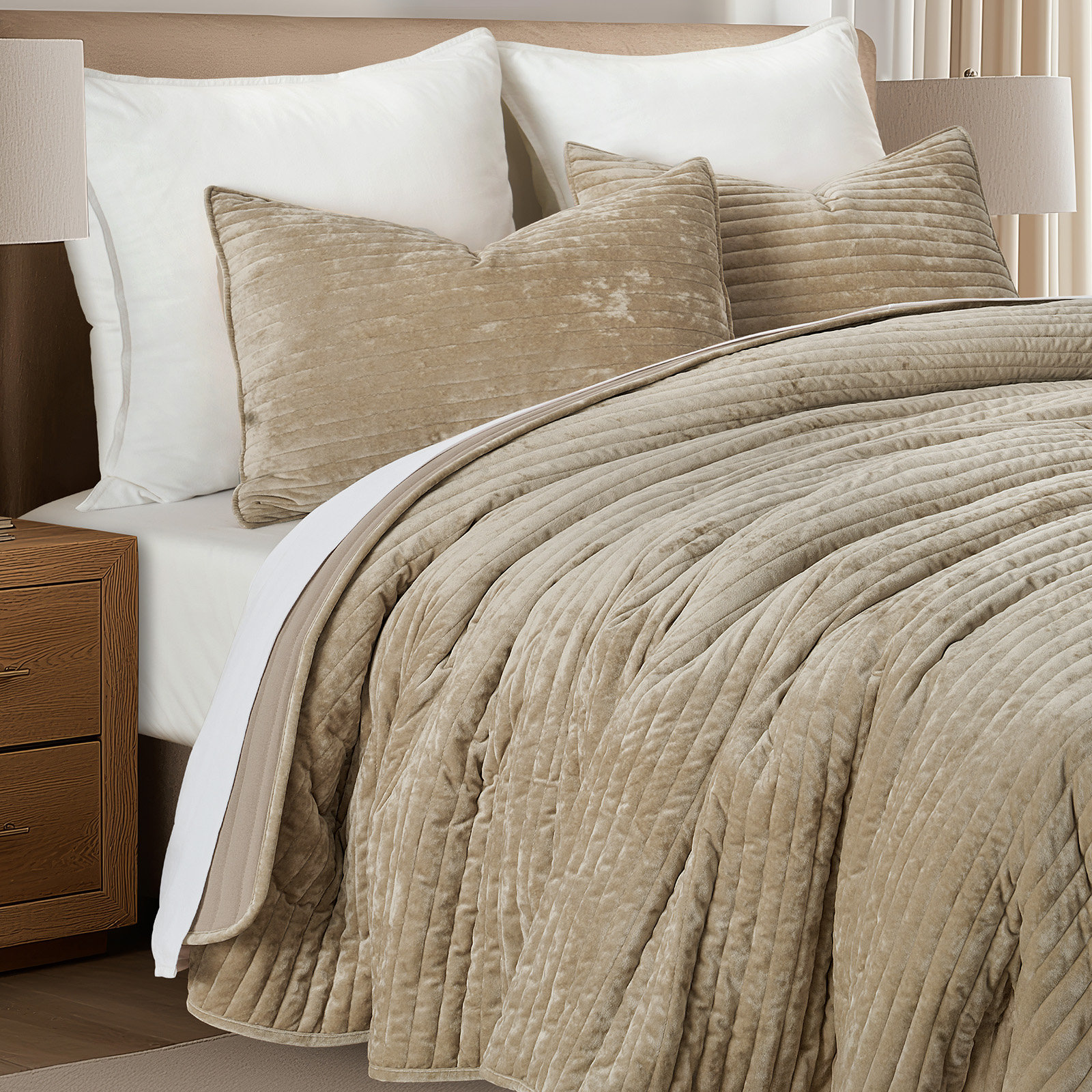 Velvet Quilt Set, King, Camel Brown