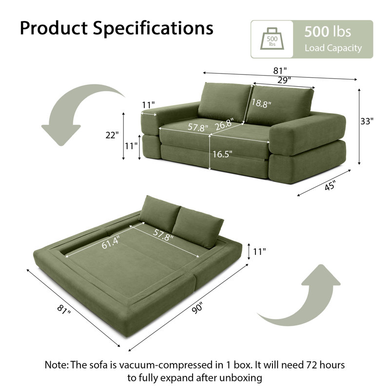 Canapé-lit pliable 81 po, divan-lit convertible 3-en-1, Vert
