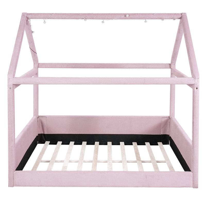 Full Size Upholstered House Daybed with LED Lights & Touch Switch – Playful Kids Bed, Pink