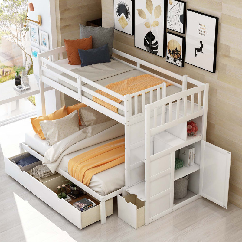 Lit superposé inférieur convertible avec tablettes et tiroirs de rangement, Blanc