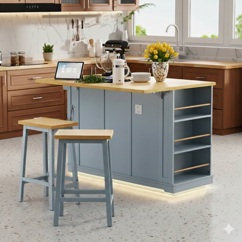 53-Inch Expansive Kitchen Island with Folding Drop Leaf, Integrated Power Outlet, Interior Door Storage Rack, 5-Wheel Mobility, and 5 Open Side Storage Racks – Grey Blue Finish, Delivered in Two Packages (Stools Not Included)