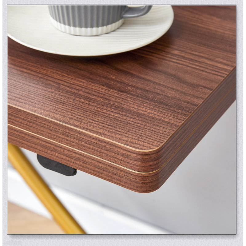Table élévatrice multifonctionnelle moderne à hauteur réglable avec plateau en panneau de fibres à densité moyenne texturé noyer et pieds en métal doré