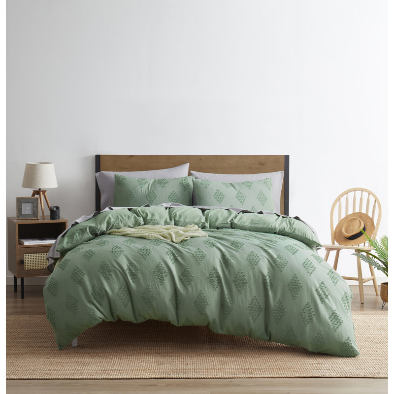 Modern Boho Duvet Cover Set, King Duvet Cover + 2 Shams, Green