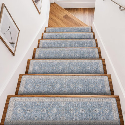 30 "x8" wooden stair treads, anti slip carpet for indoor stairs, washable rubber backing, 15 tracks for children, elderly, and dogs