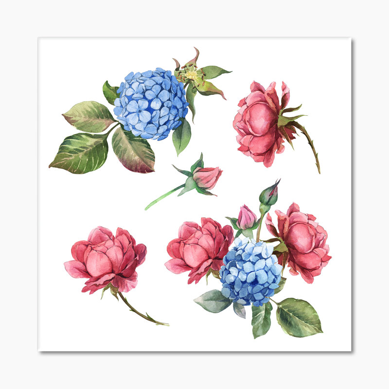 Rose rose et hortensia bleu avec feuilles - Peinture sur toile, H 16 po x l 16 po x P 1 po, Toile tendue