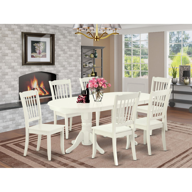Ensemble de salle à manger 7 pièces comprenant une table ovale avec rallonge papillon et 6 chaises en bois, 101,6 x 193,3 cm, blanc lin