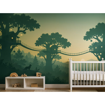 Treehouse Village Wallpaper Mural, Peel and Stick Kids Room Wall Mural, Layered Silhouette Landscape Nursery Wallpaper
