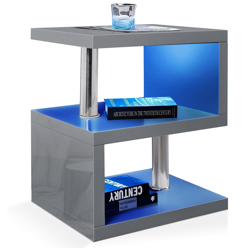Antinique Led High Gloss 2 Tier Side Table with Storage Living Room, Grey