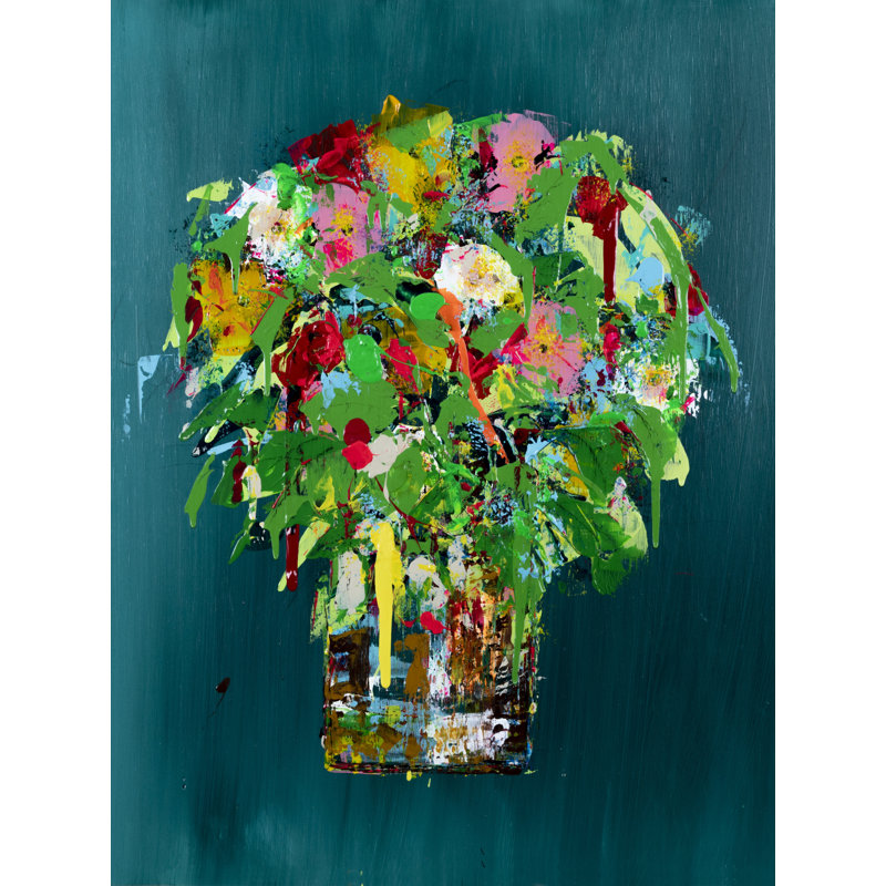 Flowers On Teal Print by Jphono 1, Wrapped Canvas, 32" H x 24" W, No Mat