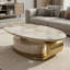 Table basse ovale de 51,18 po avec tiroir, plateau de table en pierre frittée moderne avec motif marbré, base de salon en acier inoxydable doré avec rangement