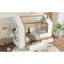 Lit plateforme simple avec tiroirs, lit maison en bois massif avec tablettes, conception enfantine, blanc et naturel-126724681