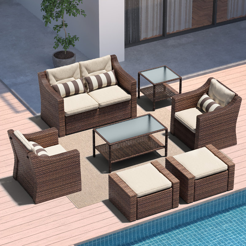 Outdoor Patio Furniture Set, 7/5/4/3/2 Piece Patio Conversation Set Outdoor Furniture Set, Rattan Lounge Chair With Ottoman Footrest, Coffee Table & Cushions For Garden, Patio, Balcony, Deck(Brown/Grey) - Patio Furniture Outdoor