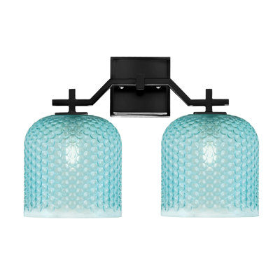 Barre d'éclairage de salle de bain 2 lumières Corbin au fini noir mat avec verre texturé turquoise de 7 po