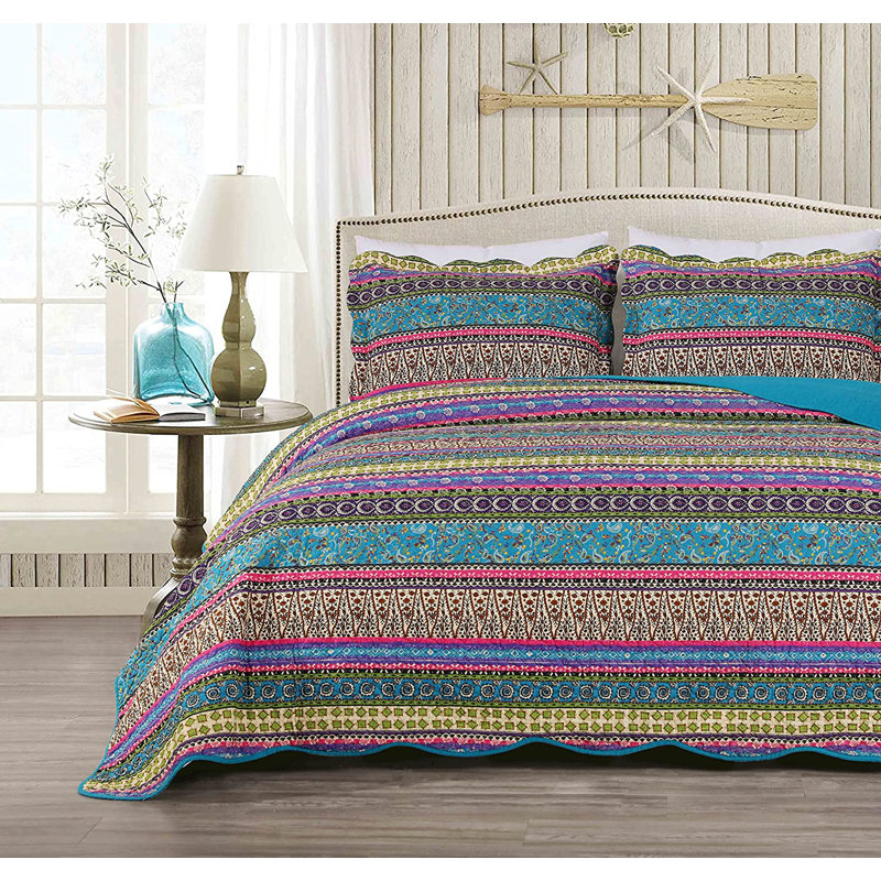 Boho Chic Blue Cotton Queen Reversible Quilt Set