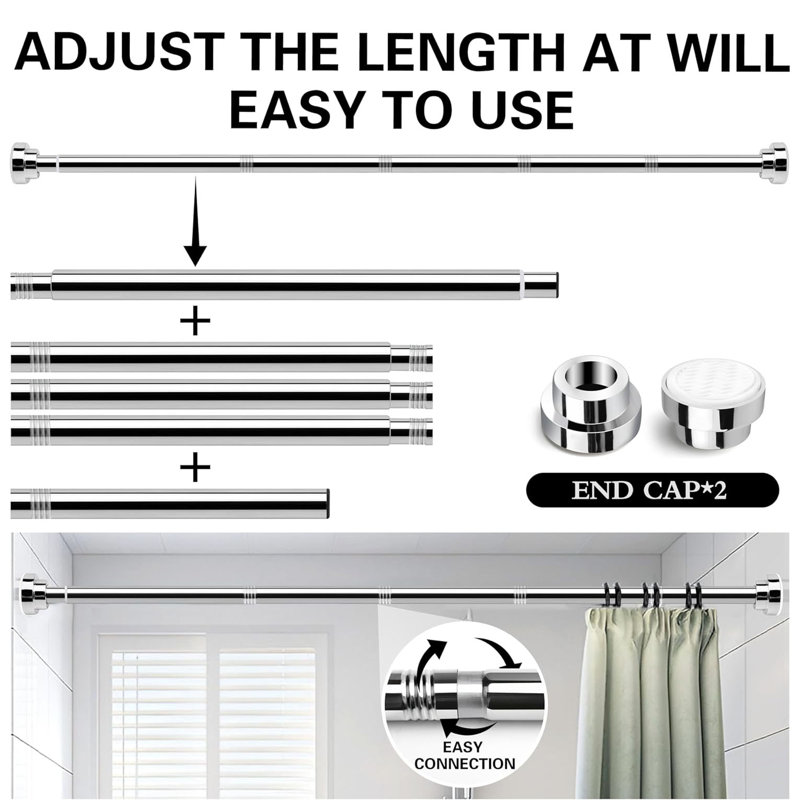 130cm Straight Tension Shower Curtain Rod & Hook Set