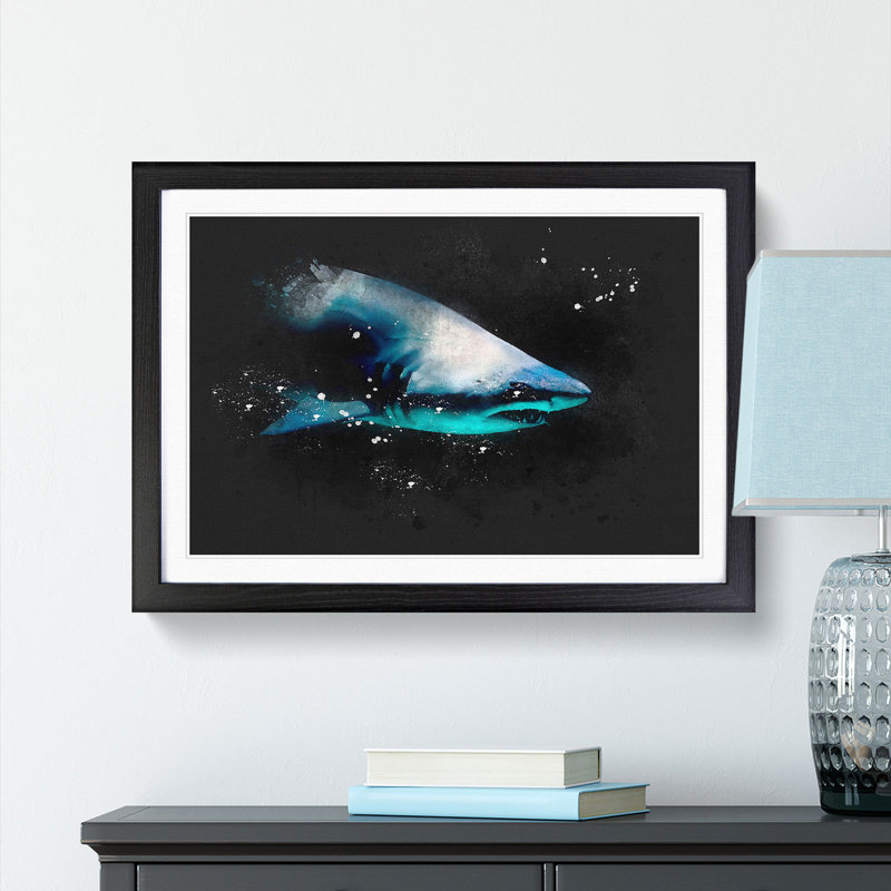 Shark In The Shadows - Picture Frame Graphic Art, Black Framed, 33cm H x 45cm W x 2cm D