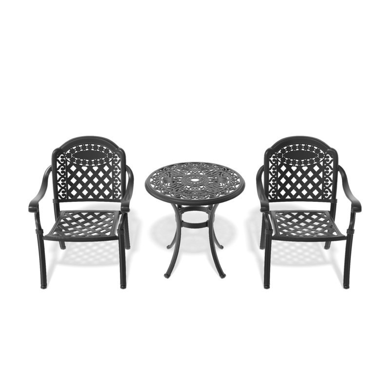 3-Piece Set Of Cast Aluminum Patio Furniture  With Black Frame And Red Seat Cushions, 2