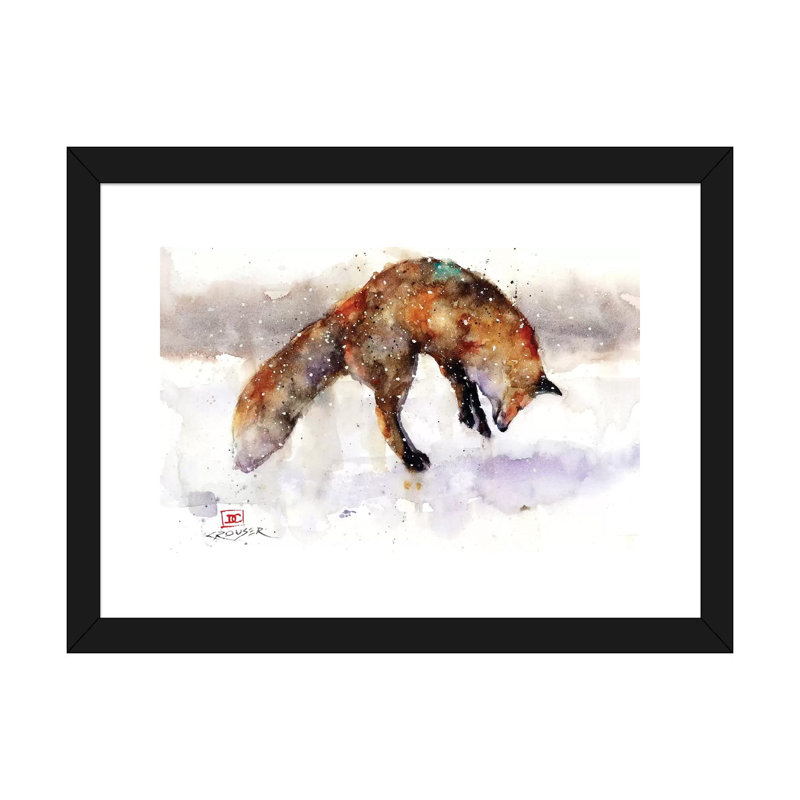 « Jumping Fox » par Dean Crouser, reproduction d’art, H 16 po x l 24 po x P 1 po, Papier encadré noir, Blanc