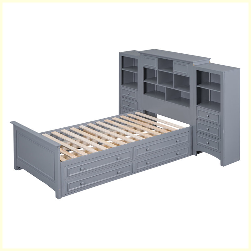 Lit plateforme moderne en bois avec armoire verticale tout-en-un et 4 tiroirs de chaque côté, Gris