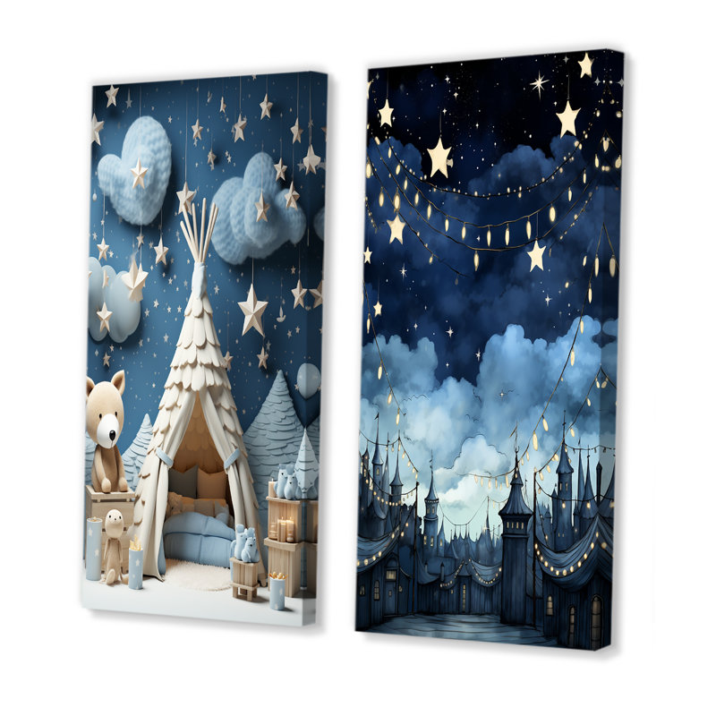 «Child Nursery Starry Night I», ensemble de 2 reproductions d'art sur toile, H 28 po x l 25 po, Toile tendue