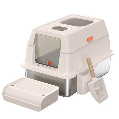 Bac à litière en acier inoxydable avec couvercle, bac à litière en métal entièrement fermé avec scooper, étanche aux fuites, litière agglomérante pour les grands chats